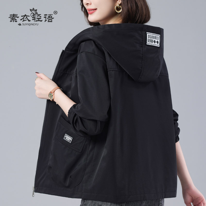 休闲大码宽松连帽女士短外套2025春秋新款中老年妈妈装减龄夹克|undefined