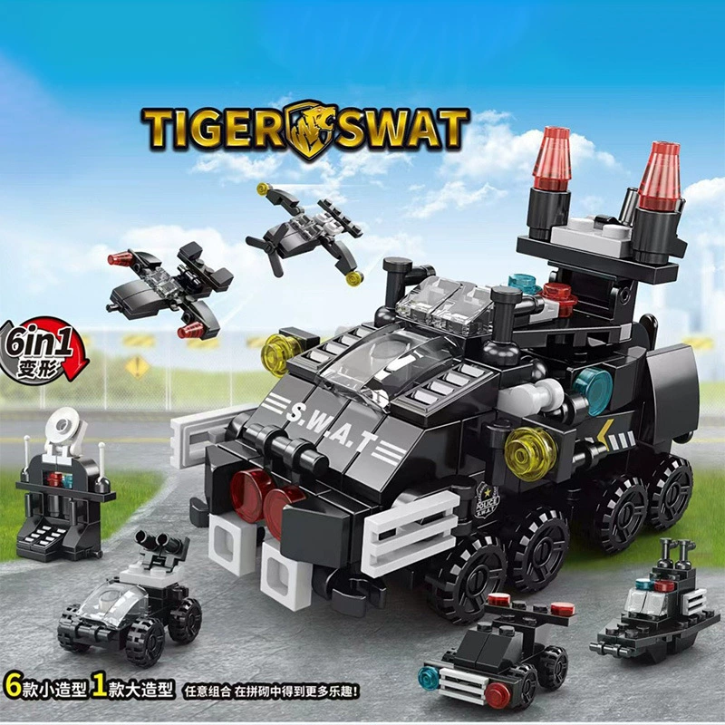 Compatible with Lego bricks small particles military aircraft carrier tank special police mecha six-in-one children's assembled toys