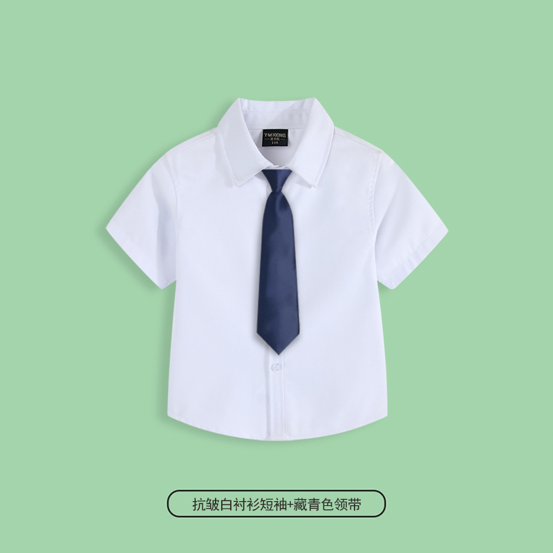 Camisa blanca antiarrugas manga corta + corbata azul marino / 110cm