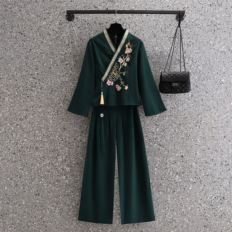  Demi-season velvet retro cheongsam, trousers for work, with embroidery, Chinese style