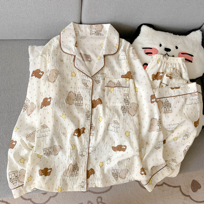 工厂直销云朵棉新款睡衣女长袖长裤开衫翻领卡通大码家居服套装|undefined