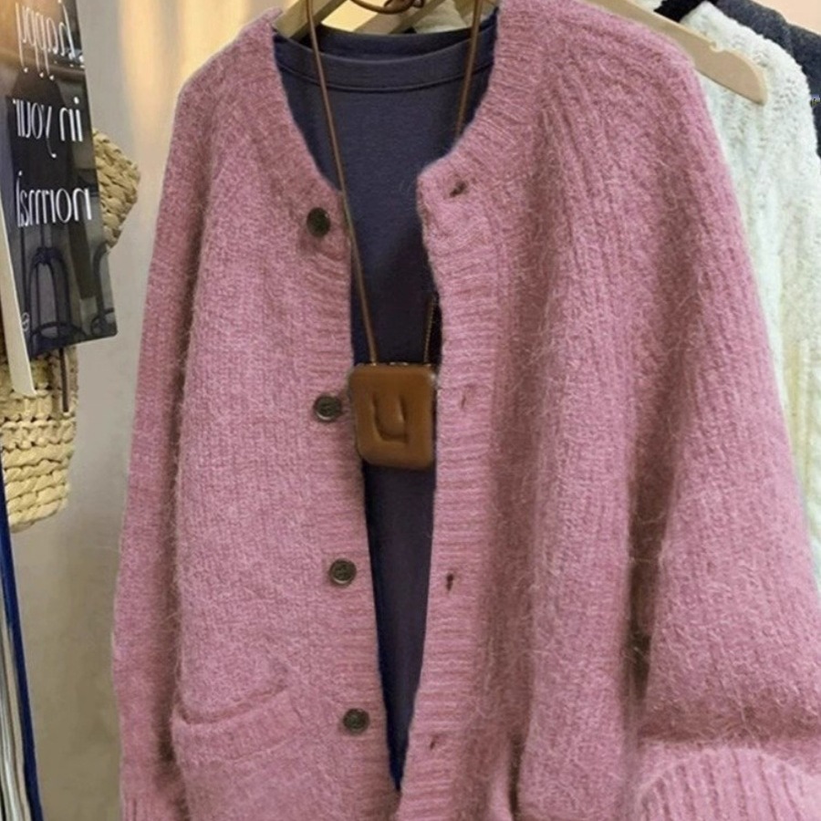 플러스 사이즈 통통녀 소프트 왁스 스웨터 니트 카디건 재킷 여성 가을 레트로 게으른 스타일 느슨한 중간 길이 최고 트렌디