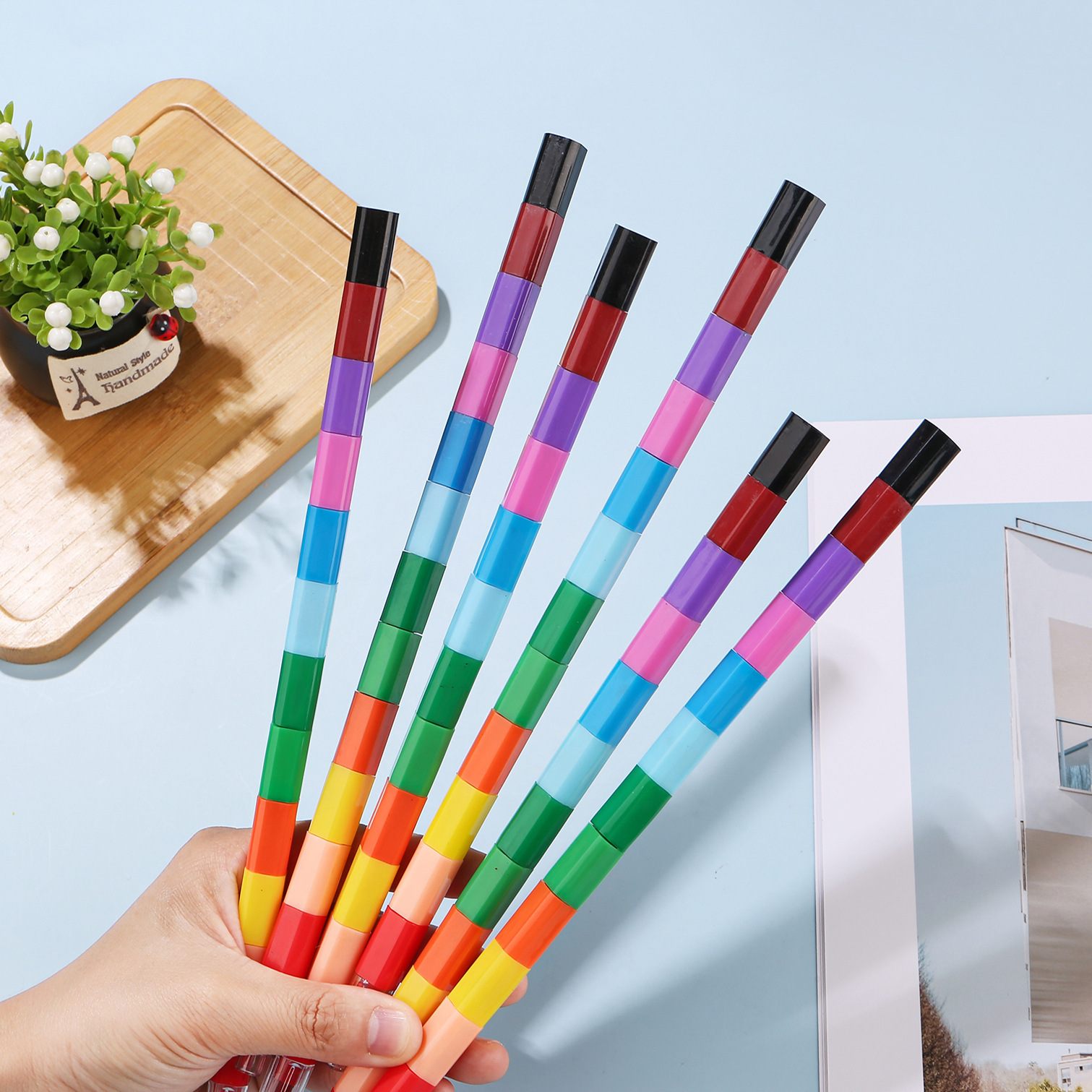 12-Color Multi-Section Interlocking Building Block Crayons for Students, Art Oil Pastels, Drawing and Doodling Crayons, Plastic Colored Crayons