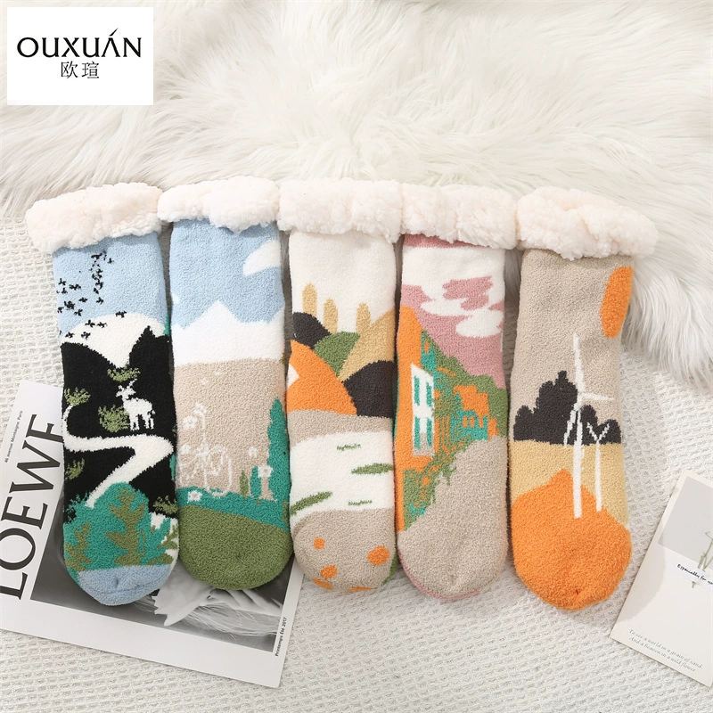 Носки для пола детей из мультяшной шелковой пряжи, теплые Нескользящие домашние носки в помещении, трансграничные Горячие