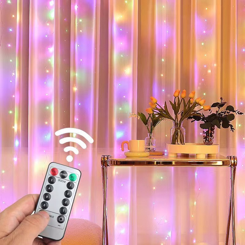 Cortina de luces LED 3x3m con control remoto USB, guirnalda de cobre para decoración de habitación, estrellas y ambiente festivo