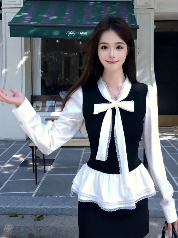 法式气质撞色蝴蝶结系带衬衫女装秋季新款高腰包臀裙绝美两件套|undefined