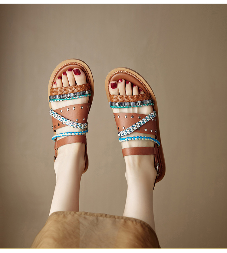 Dép sandal nữ quai ngang đế bằng da bò dệt phối màu, kiểu La Mã hở mũi — đen chi tiết 4