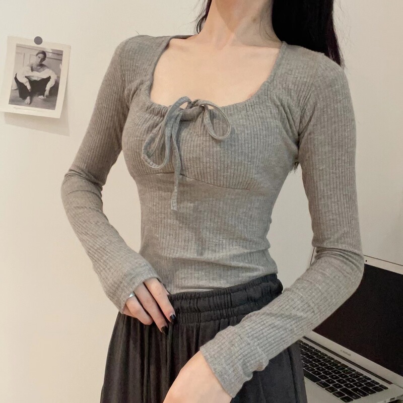 Hot girl pure desire style square collar lace-up pit bottoming shirt long sleeve T-shirt women's spring slim fit slimming inner temperament top Hot girl pure desire style square collar lace-up pit bottoming shirt long sleeve T-shirt women's spring slim fit slimming inner temperament top