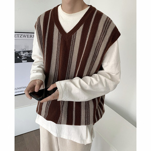 Vintage Striped Sweater Vest Hong Kong Style Casual Knitted Vest for Boys and Girls Spring Autumn and Winter V-neck Sleeveless Sweater