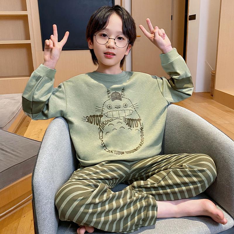 Korean Style Boys' Pajamas Autumn and Winter Long Sleeve Pure Cotton Men's Children's Wear Boys Middle and Big Children's Cartoon Home Clothes Children's suit