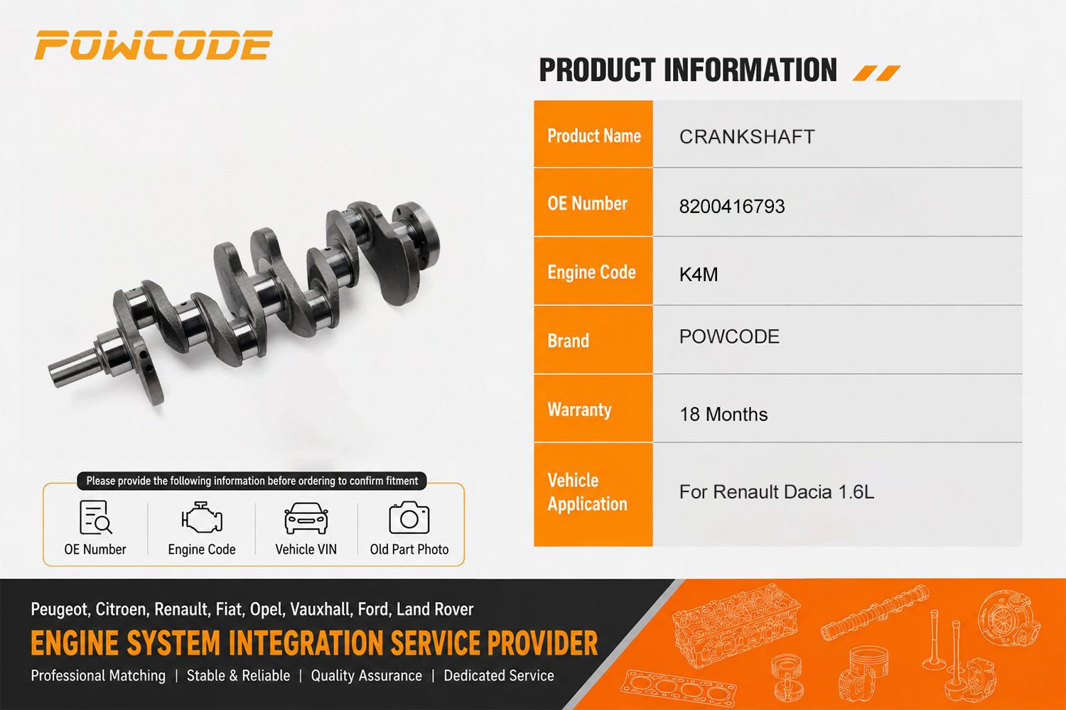 8200416793 is suitable for Renault K4M 1.6L, a brand new cast iron crankshaft with a stroke of 80.5MM and a large bore