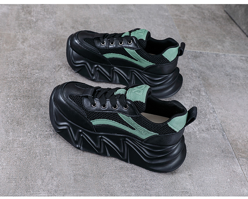 Giày sneaker chunky đế dày da bò cho nữ phối màu cổ điển — Màu đen chi tiết 12