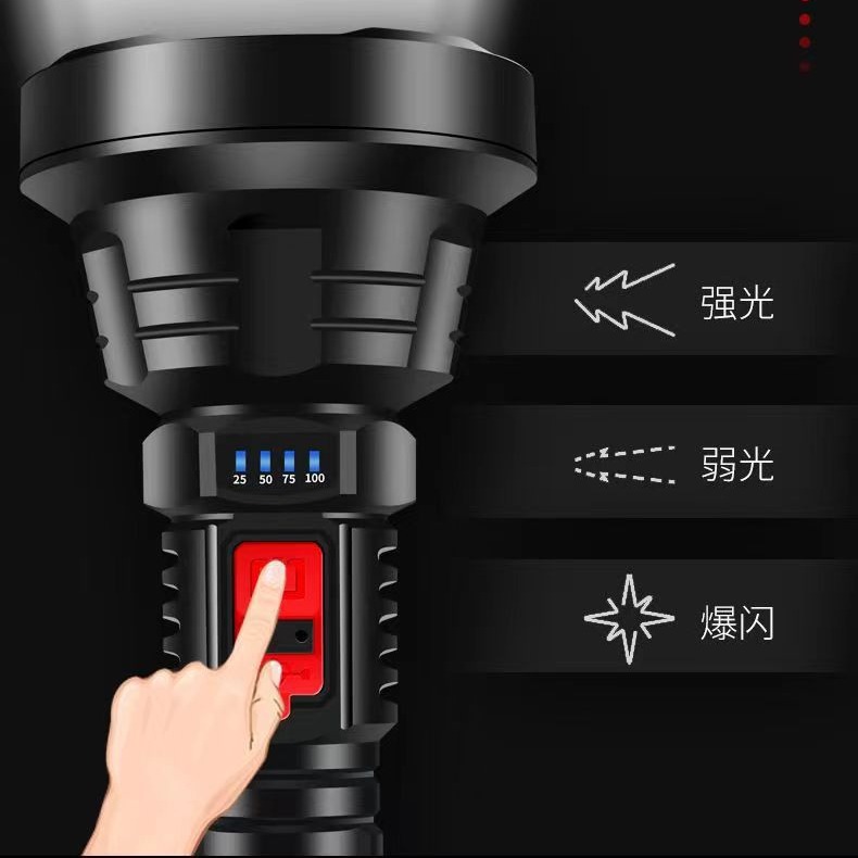 ABS High-Intensity LED Flashlight with USB Charging, Power Display LED, Ultra-Bright, Long-Range, Household Outdoor High-Intensity LED Flashlight