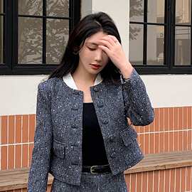 粗花呢长袖开衫上衣外套高腰短裙子MIU系小香风套装 这里是外套