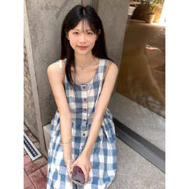 复古格子无袖连衣裙女夏季甜美背心裙慵懒风长裙