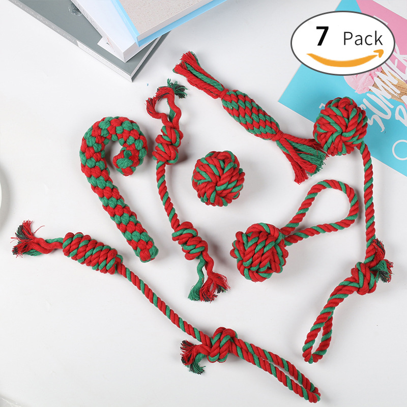 Amazon venta caliente juguetes para mascotas de Navidad juego de regalos perros de molienda dientes de limpieza de dientes cordón nudo fábrica de juguetes para perros en stock