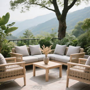 Outdoor Terrace Teak Sofa Rattan Table and Chairs Courtyard Garden Leisure Furniture Villa Hotel B&B Balcony Rattan Chair