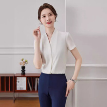JY8501职业装V领白衬衫女夏季内搭面试正装雪纺短袖衬衣工作服