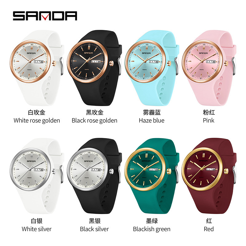 爆款高颜值三达手表跨境爆款热销休闲简约女士手表双日历表优雅女