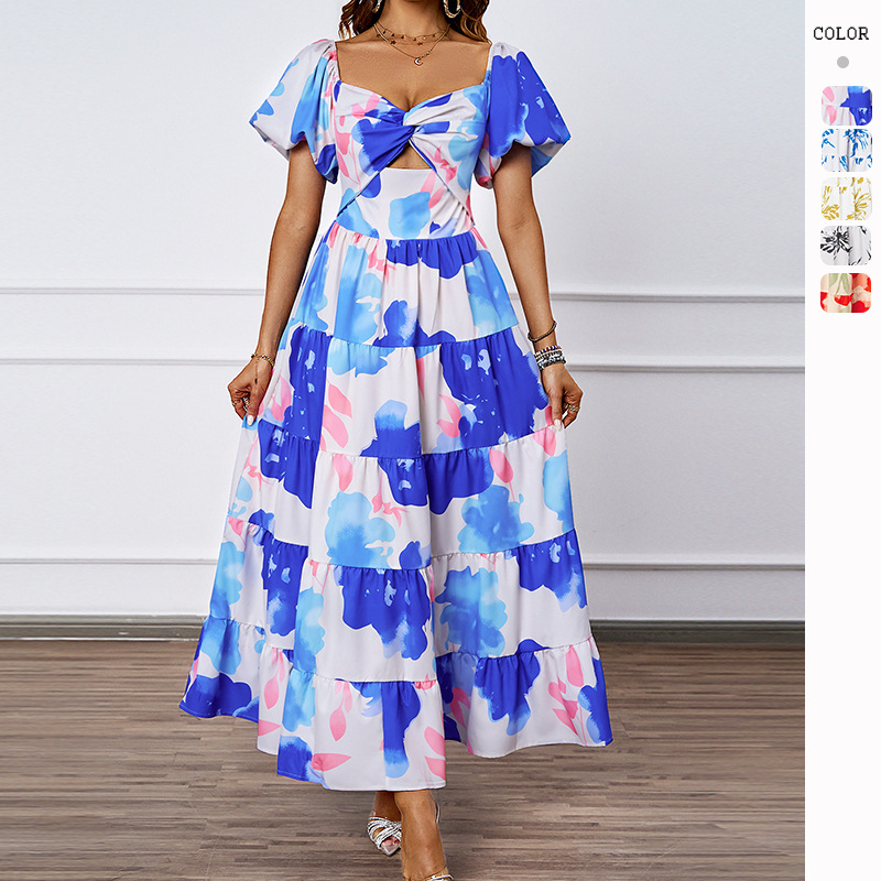 2026 Cross-Border European and American Summer New Style Elegant Floral Hollow-Out Off-Shoulder Printed Dress for Women with a High-End Feel