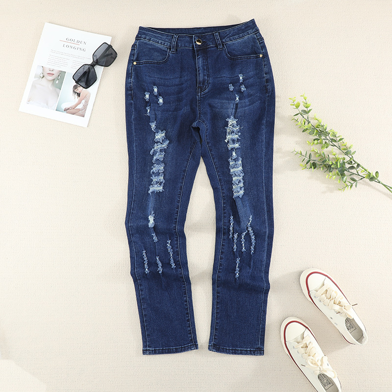 时颖跨境欧美牛仔裤女亚马逊新款拉链口袋深蓝色高腰女士牛仔裤