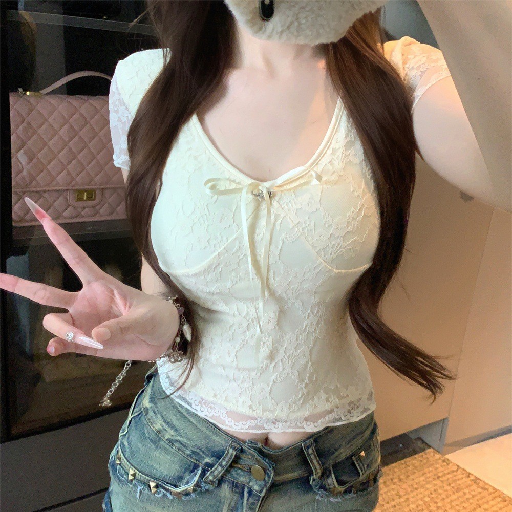 5049 # Lace Patchwork V-Neck Short Sleeve T-Shirt for Women, Summer Design, Purely Sexy, Tight-Fitting, Hot Girl Style with Chest Pads