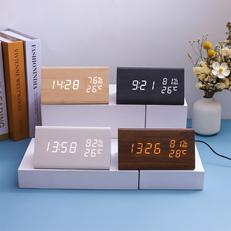 Foreign Trade Electronic Alarm Clock Multi-Function Digital Display Temperature and Humidity Time Wooden Clock Cross-Border Live Broadcast Supply Wooden Clock