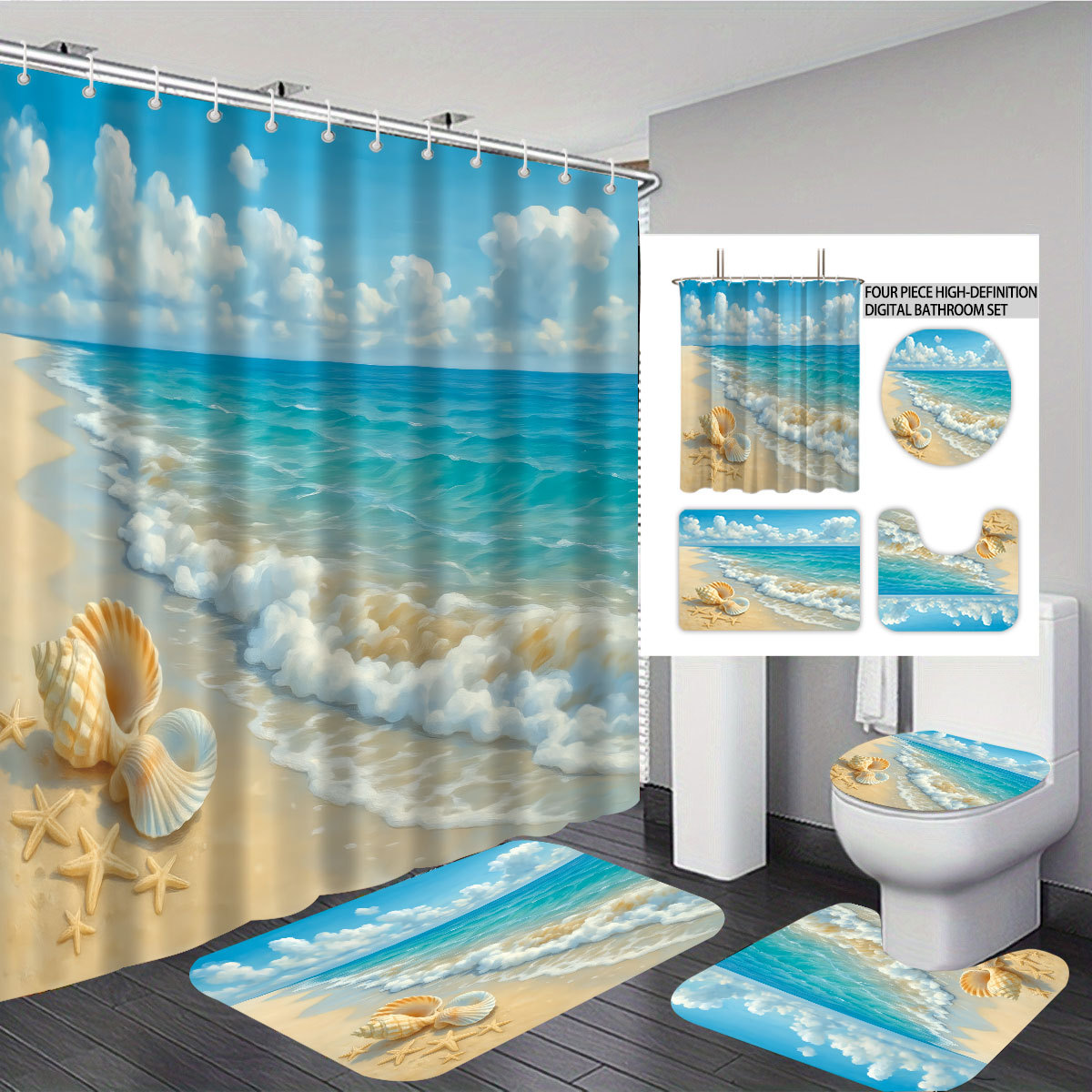 Mei Ke más cortina de baño impermeable serie de paisaje de playa impresión digital poliéster cortina de baño cuatro piezas un conjunto de cabello