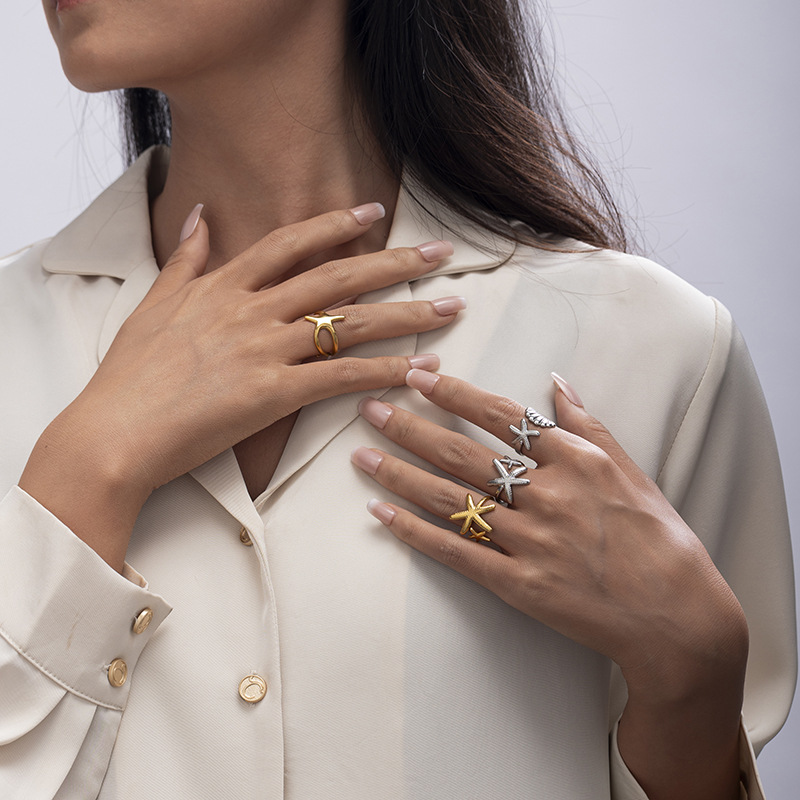 Anillo de conchas de estrellas de mar abierto de acero inoxidable en Europa y América, joyería de acero de titanio, anillos de metal