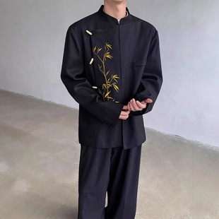 New Chinese Style Suit Set for Men, Engagement Outfit, Suit Dress, Gold Bamboo Embroidery, Shoulder Pads, Tang Suit, Zhong Suit