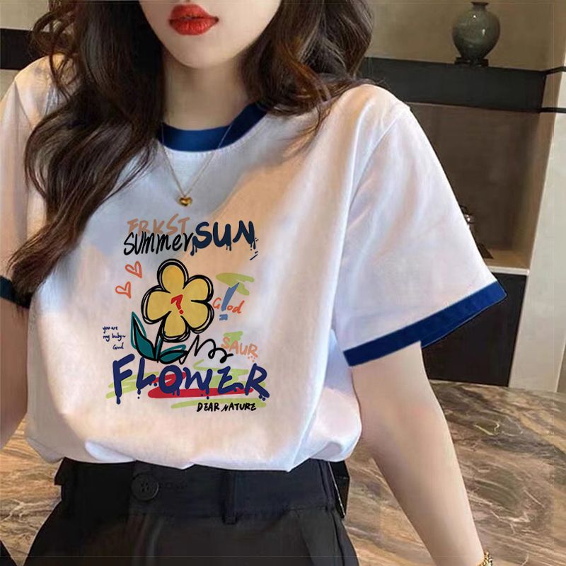 2026 Summer New Loose Fashionable European Style Color-Block Regular Shoulder Pure Cotton Short-Sleeve T-Shirt for Women with Printed White Basic Top