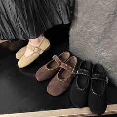复古编织绒面方头一字带浅口温柔晚晚风平底玛丽珍单鞋女