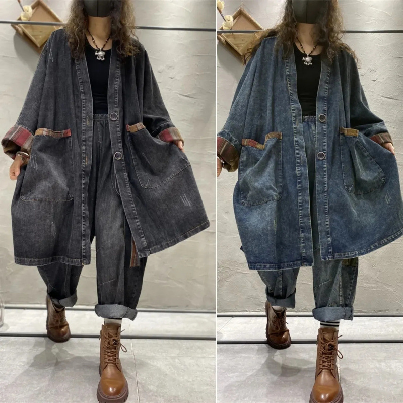 100kg Retro V-Neck Mid-Length Flap Pocket Pants Denim Jacket Women's Spring & Fall Windbreaker Loose Large Size Pure Color Denim Top