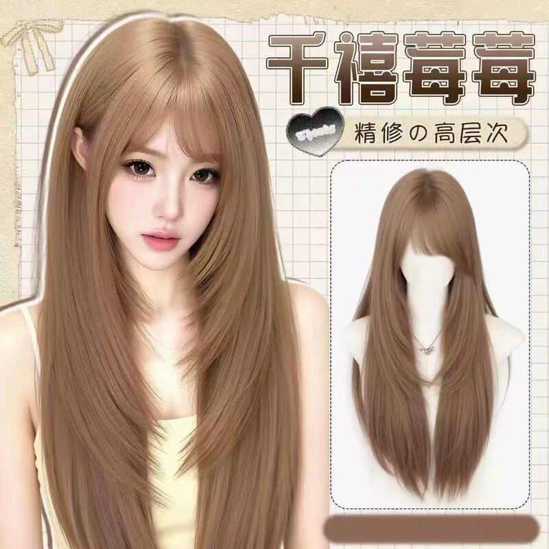 Yiduo Wig for Women, Full Head Wig with High-Layered Long Straight Hair, Brightening Effect, Milk Tea Champagne Color, Natural Daily Wig, Full Head Wig