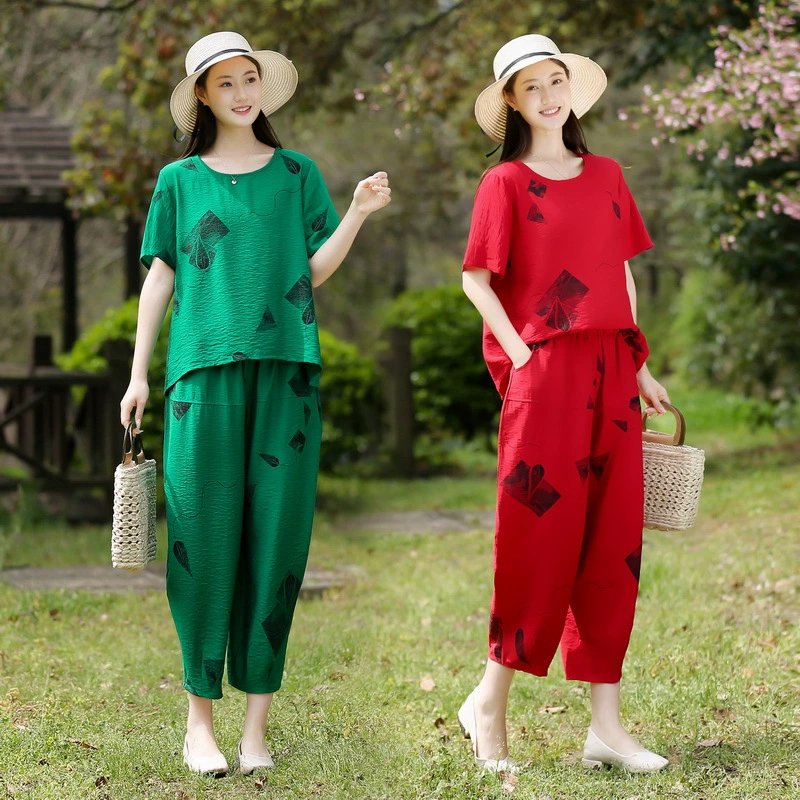 2022 новый летний костюм для матери в иностранном стиле, футболка с короткими рукавами для женщин среднего возраста, льняной пиджак среднего возраста, комплект из двух предметов