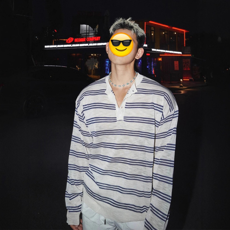 White Henry Collar Stripesd Long-Sleeved Men's T-Shirt Autum Lazy Style Loose Sports Blouse with Bottoming Top
