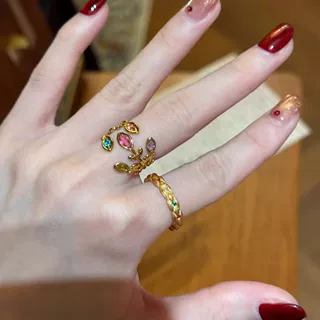 vintage中古花卉枝叶拉丝戒指女叠戴轻奢高级感小众设计精致手饰