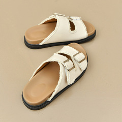 若紀2024春夏季新款涼鞋時尚舒適一字搭扣毛邊鞋面外穿沙灘休閒鞋