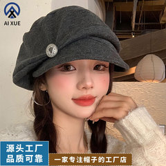 韩版褶皱宽松贝雷帽子女款复古文艺百搭保暖画家帽小众银标报童帽