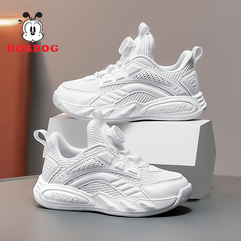 Babu Bean zapatos para niños primavera y otoño 2025 nuevo botón giratorio zapatos de niños de tamaño medio y grande malla transpirable zapatos deportivos para niños