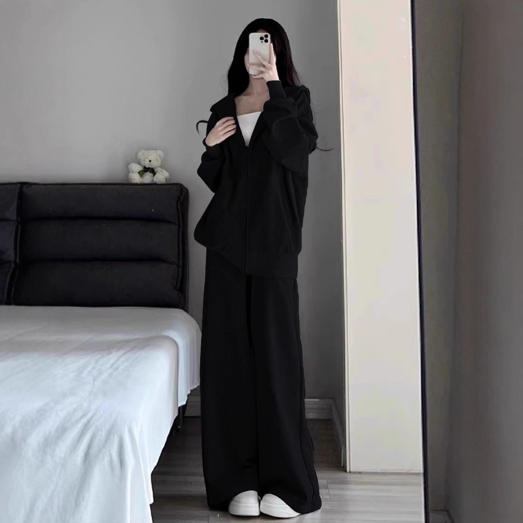 Lazy Style Casual Sports Suit for Women 2026 New Autumn and Winter Loose Hooded Gray Sweatshirt Wide-Leg Pants Two-Piece Set