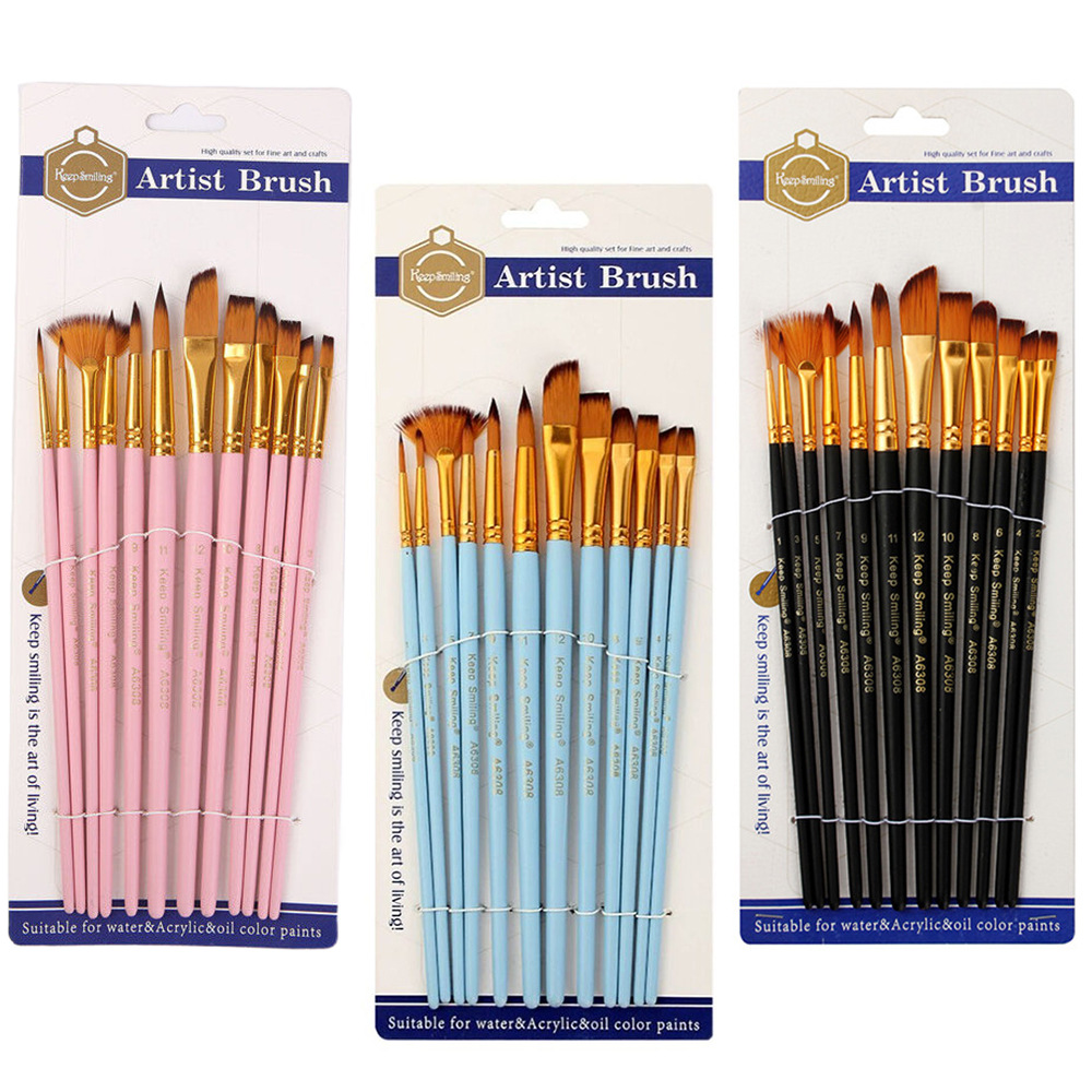 12 cepillos de pintura de pelo de nylon, DIY pincel de pintura de graffiti, traje de pincel de acuarela gouache, al por mayor