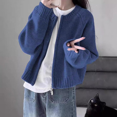 Xiaoxiangfeng ショートラウンドネックウールジャケット女性のための秋と冬ルーズ肥厚カシミヤジッパーカーディガン長袖ニットトップ