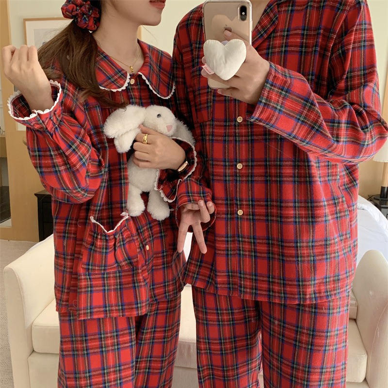 한국 인 크리스마스 레드 커플 격자 무늬 레이스 인형 칼라 파자마 느슨한 긴팔 홈 의류 헤어 밴드 세트