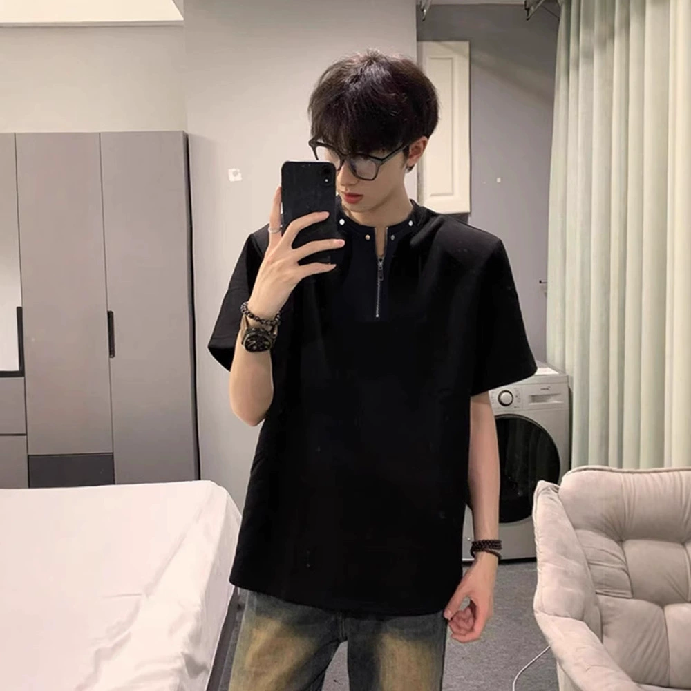 Премиум Чувство Полу-молния Футболка наплечная футболка мужской cleanfit с короткими рукавами, американский высокий уличный заклепка дизайн смысл с половиной рукава