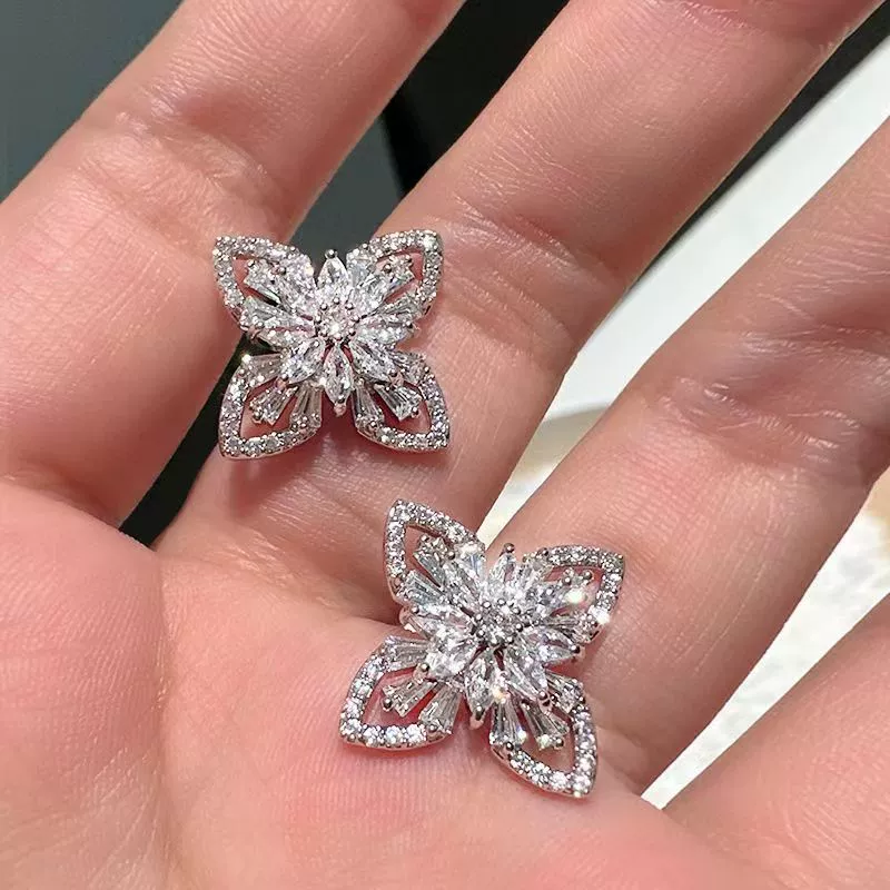Zirconium, small design fashionable universal earrings, micro incrustation, diamond encrusted, flowered, high-quality style