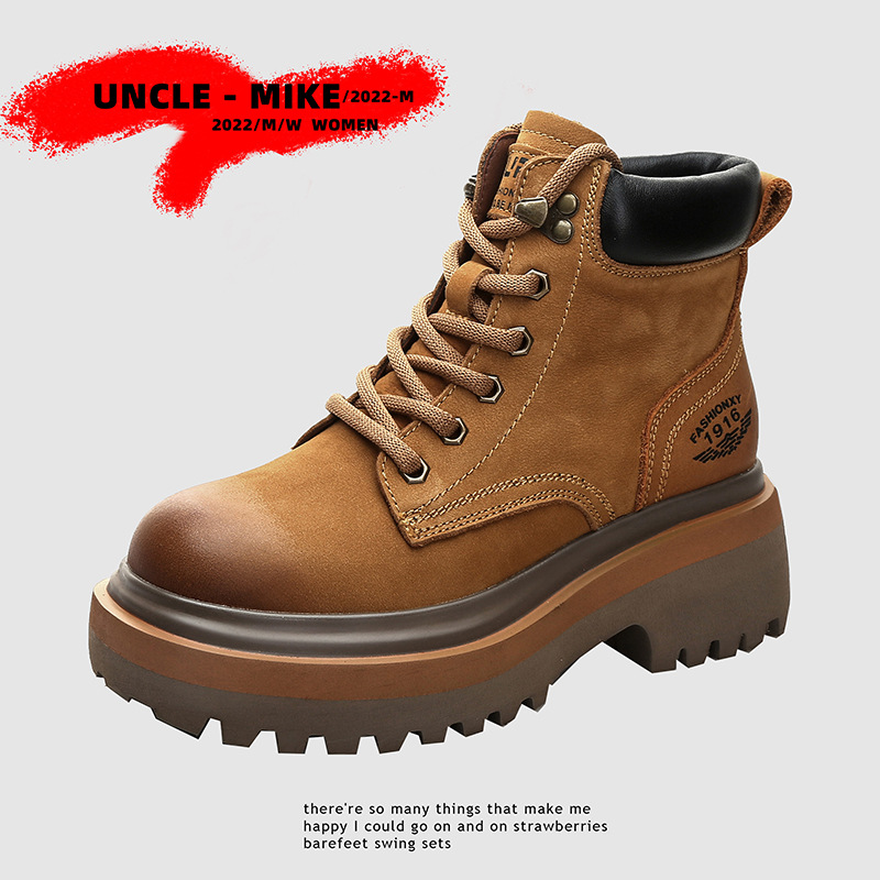 2022年新款頭層牛皮馬丁靴女加絨厚底增高靴子爆款大黃靴網紅風鞋