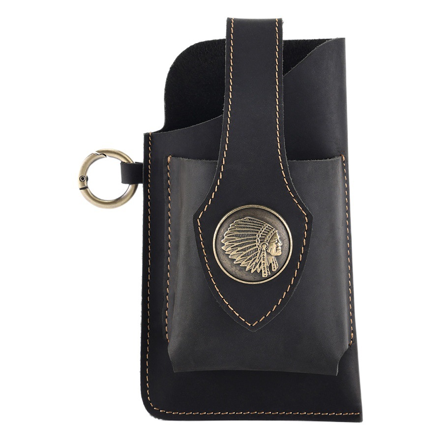 Men's Genuine Leather Mobile Phone Waist Bag Creative Personality Crazy Horse Leather Waist Bag Men's Large Capacity Belt Tactical Waist Bag Men