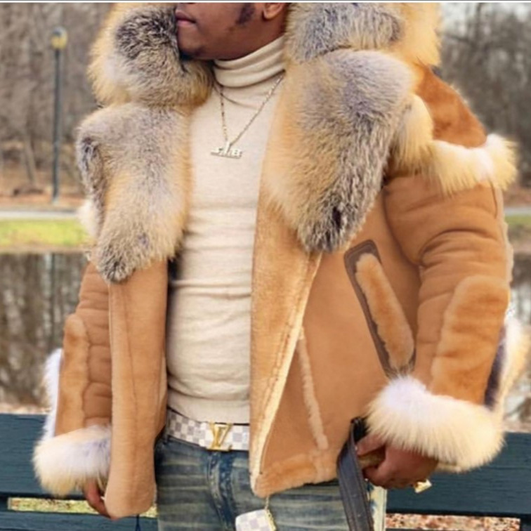 Wish men's imitation leather fur one big fur collar long sleeve 2024 new fur coat wholesale