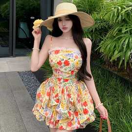 原版做法有内里法式碎花收腰吊带连衣裙女气质蕾丝拼接花苞裙短裙